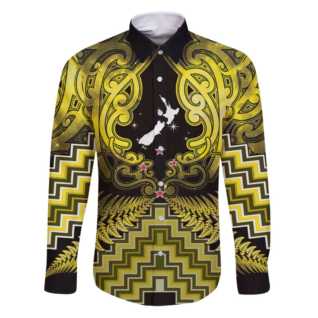 Personalised Aotearoa Matariki Family Matching Puletasi and Hawaiian Shirt Yellow Fern Maori Poutama LT01 Dad's Shirt - Long Sleeve Yellow - Polynesian Pride