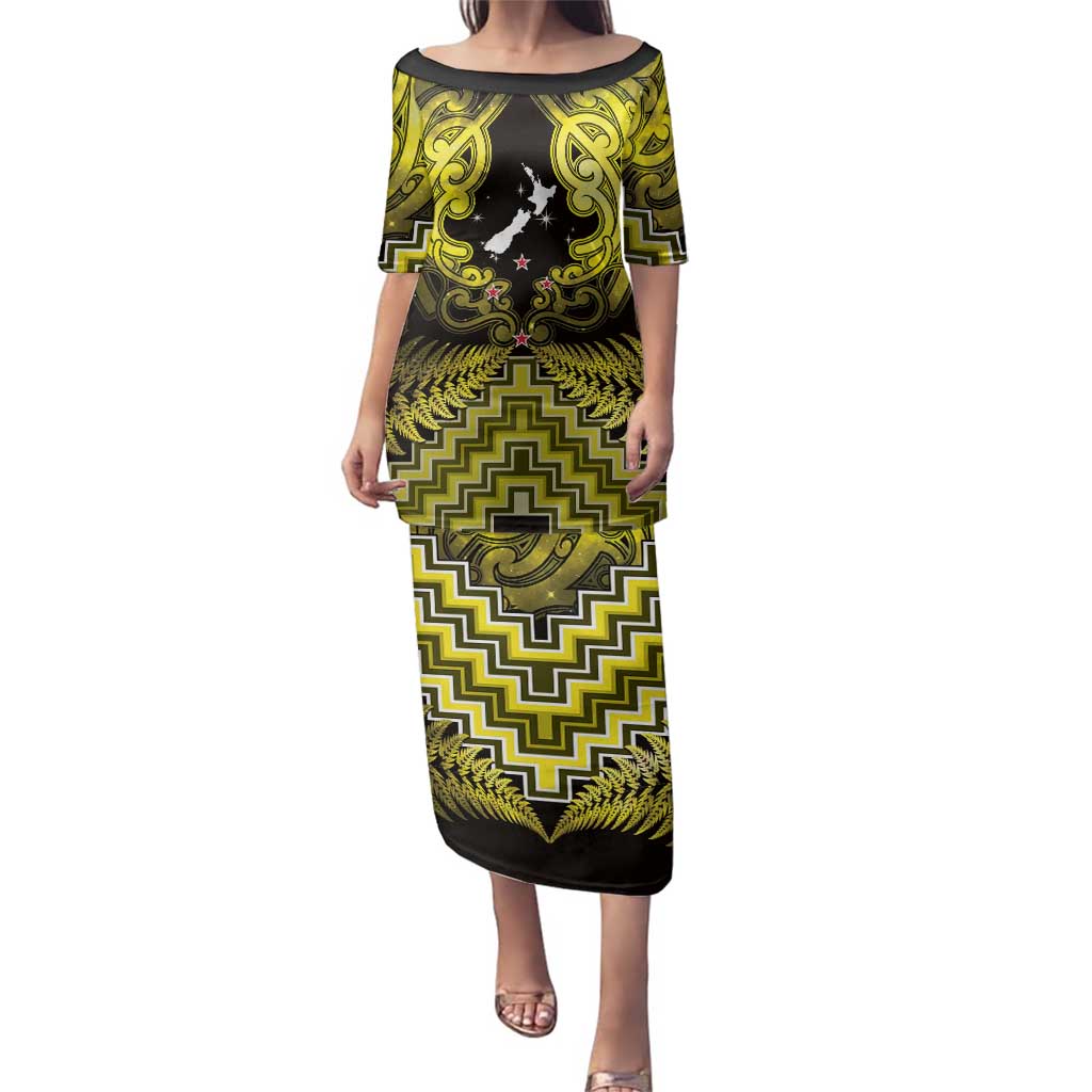 Personalised Aotearoa Matariki Family Matching Puletasi and Hawaiian Shirt Yellow Fern Maori Poutama LT01 Mom's Dress Yellow - Polynesian Pride