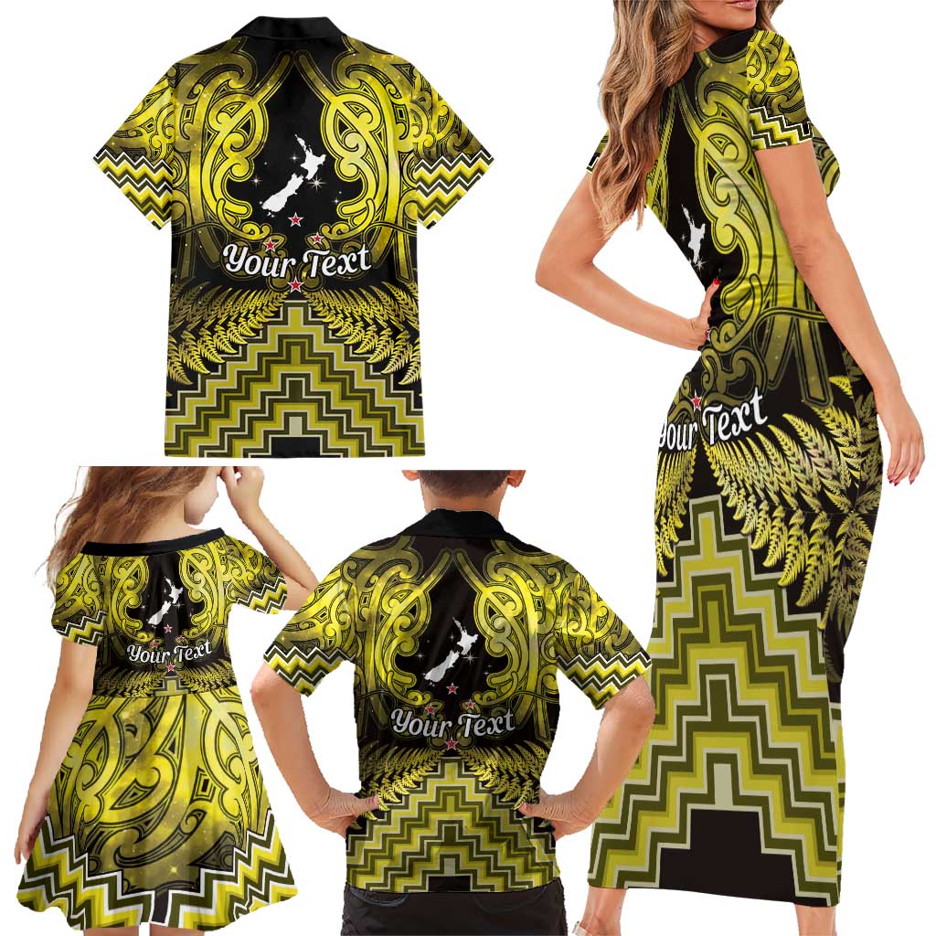 Personalised Aotearoa Matariki Family Matching Short Sleeve Bodycon Dress and Hawaiian Shirt Yellow Fern Maori Poutama LT01 - Polynesian Pride