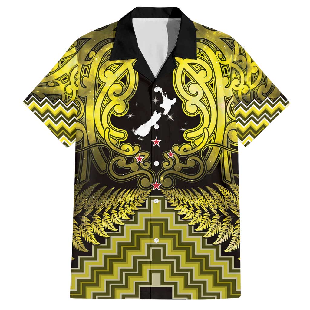 Personalised Aotearoa Matariki Family Matching Short Sleeve Bodycon Dress and Hawaiian Shirt Yellow Fern Maori Poutama LT01 Dad's Shirt - Short Sleeve Yellow - Polynesian Pride