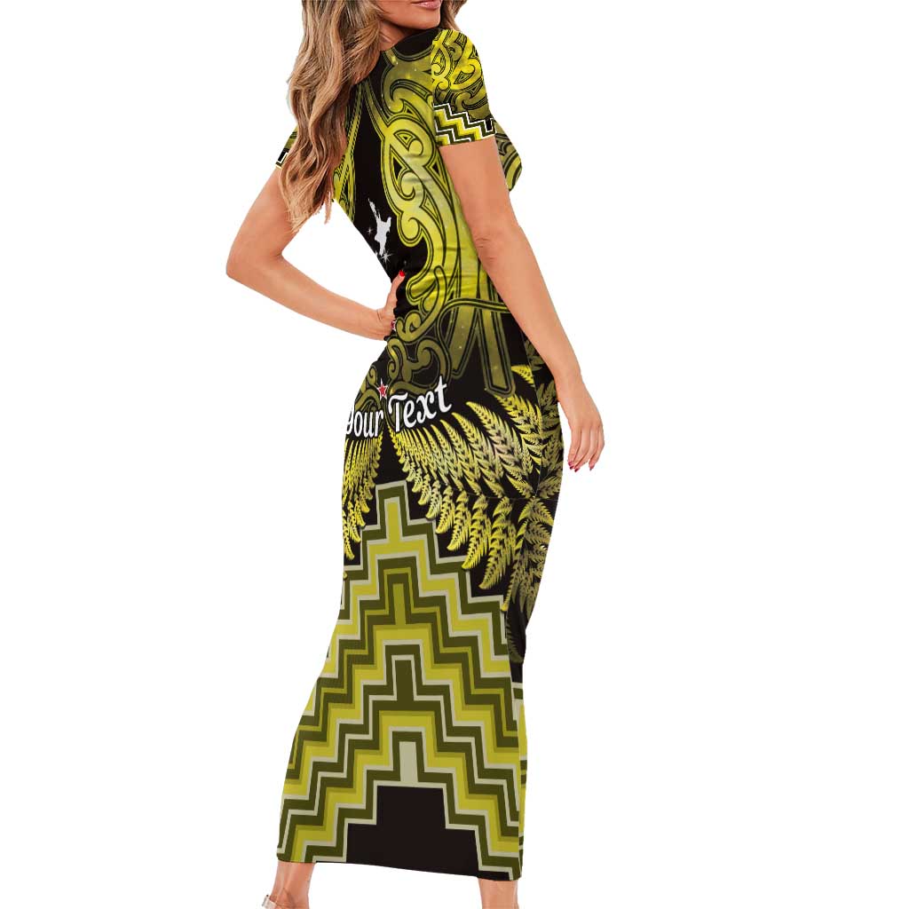 Personalised Aotearoa Matariki Family Matching Short Sleeve Bodycon Dress and Hawaiian Shirt Yellow Fern Maori Poutama LT01 - Polynesian Pride