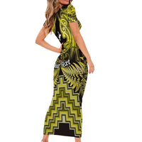 Personalised Aotearoa Matariki Family Matching Short Sleeve Bodycon Dress and Hawaiian Shirt Yellow Fern Maori Poutama LT01 - Polynesian Pride