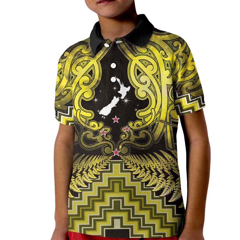 Personalised Aotearoa Matariki Kid Polo Shirt Yellow Fern Maori Poutama