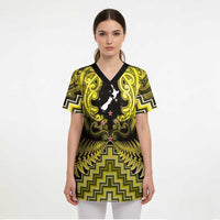 Personalised Aotearoa Matariki Scrub Top Yellow Fern Maori Poutama - Polynesian Pride