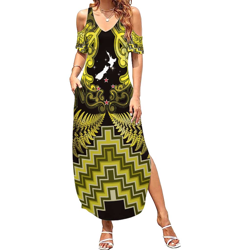 Personalised Aotearoa Matariki Summer Maxi Dress Yellow Fern Maori Poutama