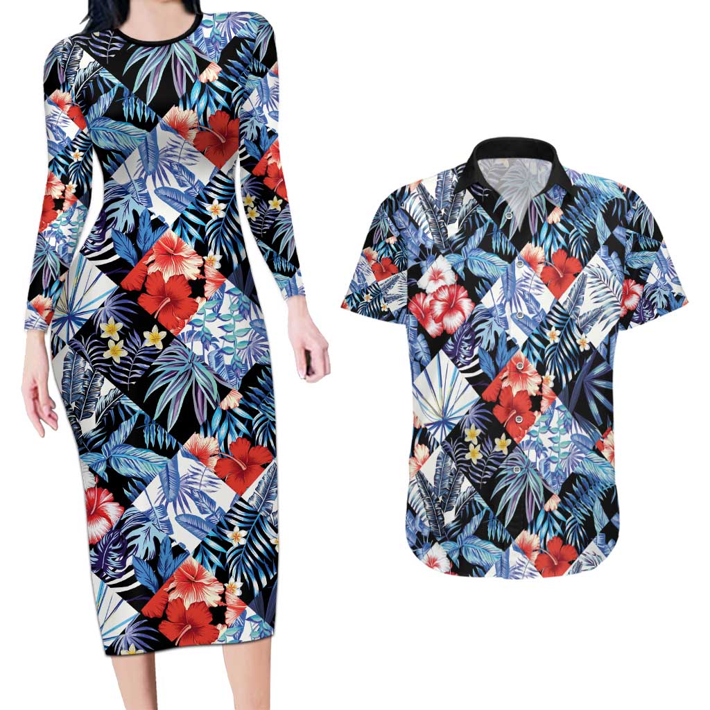 Hawaii Tropicana Blue Pattern Couples Matching Long Sleeve Bodycon Dress and Hawaiian Shirt LT01 Blue - Polynesian Pride