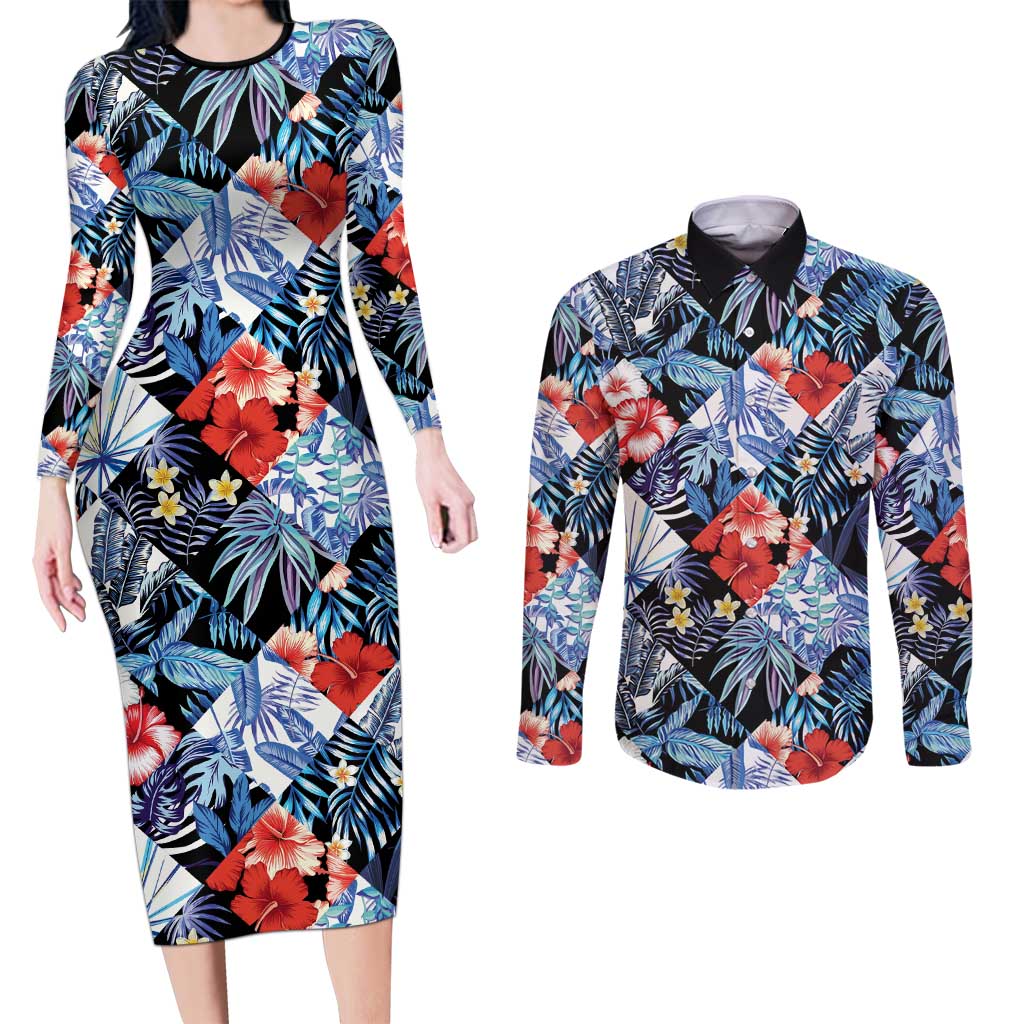 Hawaii Tropicana Blue Pattern Couples Matching Long Sleeve Bodycon Dress and Long Sleeve Button Shirt LT01 Blue - Polynesian Pride