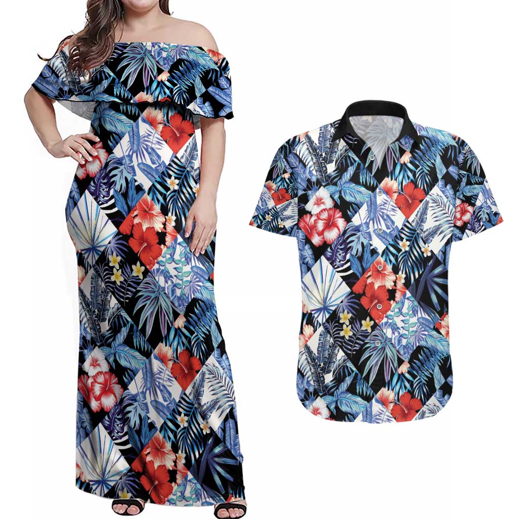 Hawaii Tropicana Blue Pattern Couples Matching Off Shoulder Maxi Dress and Hawaiian Shirt LT01 Blue - Polynesian Pride