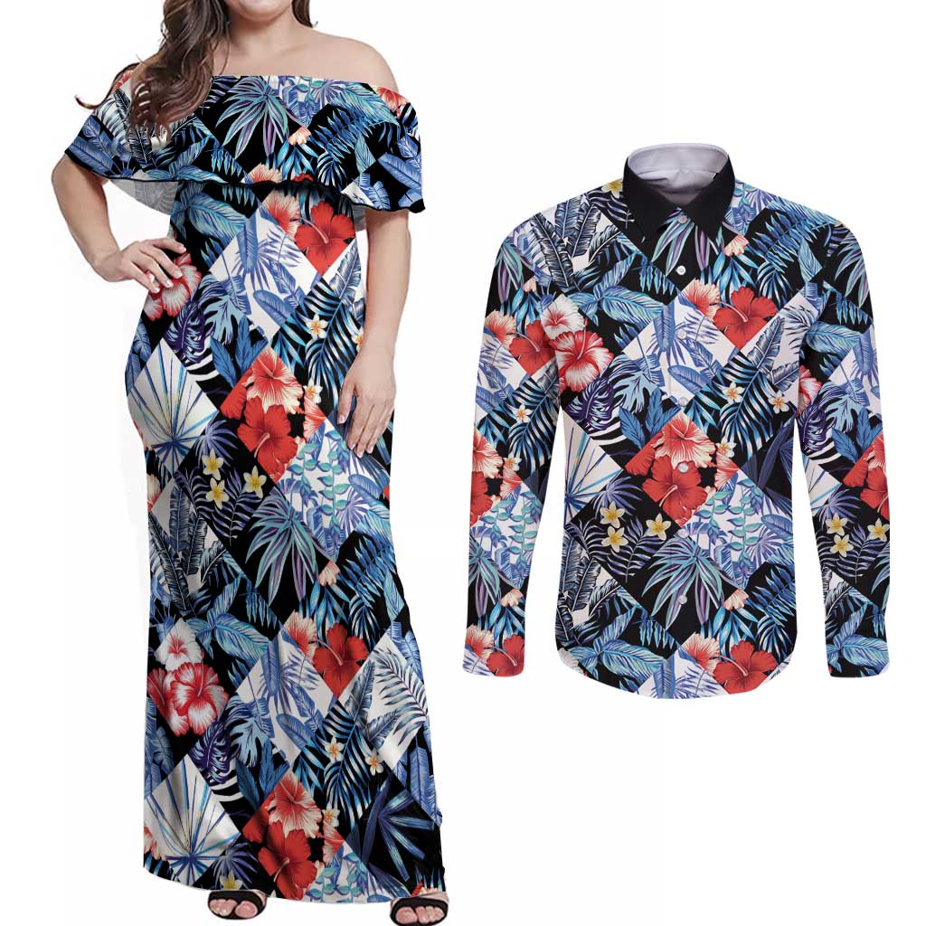 Hawaii Tropicana Blue Pattern Couples Matching Off Shoulder Maxi Dress and Long Sleeve Button Shirt LT01 Blue - Polynesian Pride