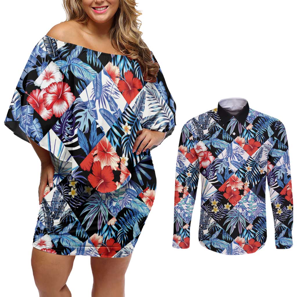 Hawaii Tropicana Blue Pattern Couples Matching Off Shoulder Short Dress and Long Sleeve Button Shirt LT01 Blue - Polynesian Pride