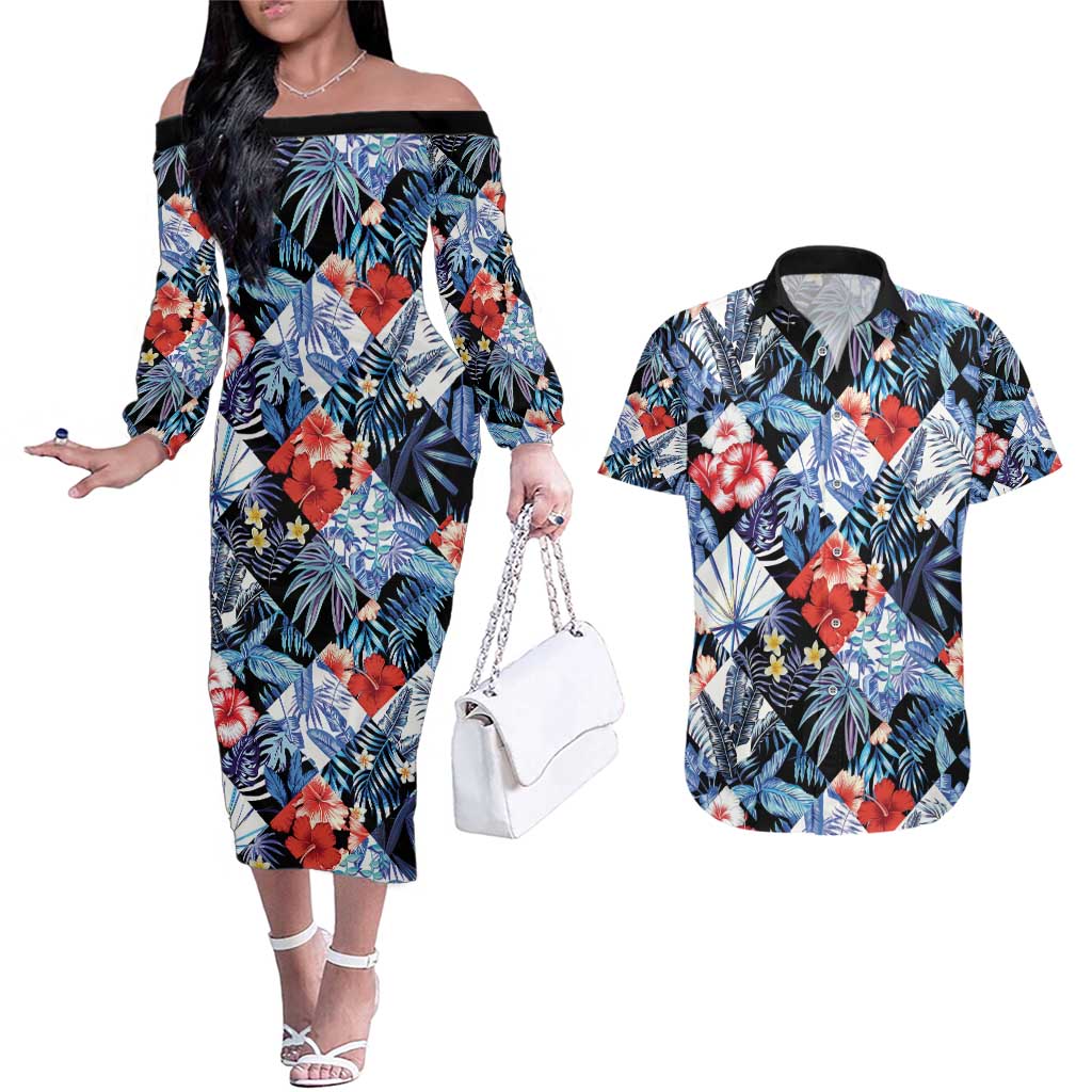 Hawaii Tropicana Blue Pattern Couples Matching Off The Shoulder Long Sleeve Dress and Hawaiian Shirt LT01 Blue - Polynesian Pride