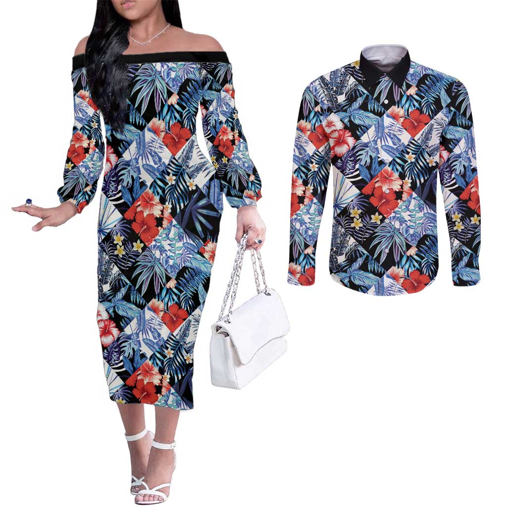 Hawaii Tropicana Blue Pattern Couples Matching Off The Shoulder Long Sleeve Dress and Long Sleeve Button Shirt LT01 Blue - Polynesian Pride