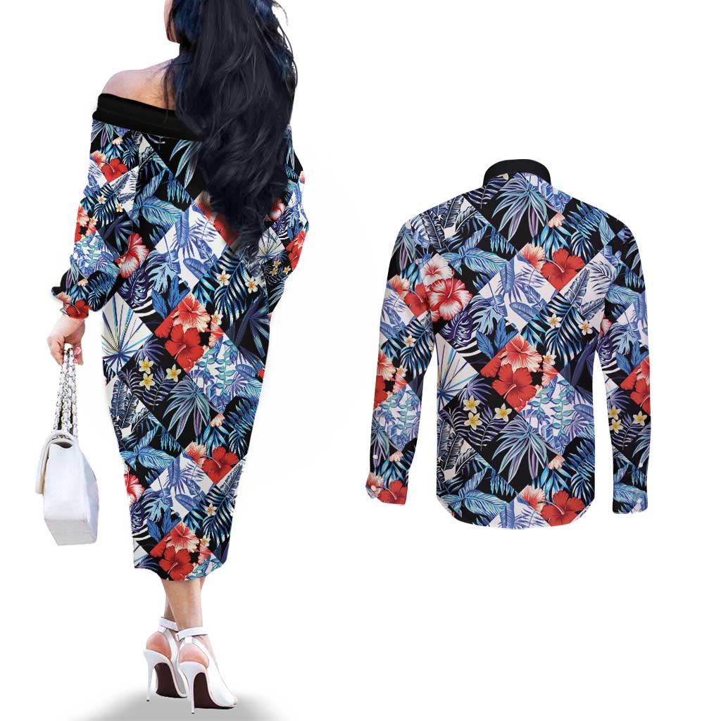 Hawaii Tropicana Blue Pattern Couples Matching Off The Shoulder Long Sleeve Dress and Long Sleeve Button Shirt - Polynesian Pride
