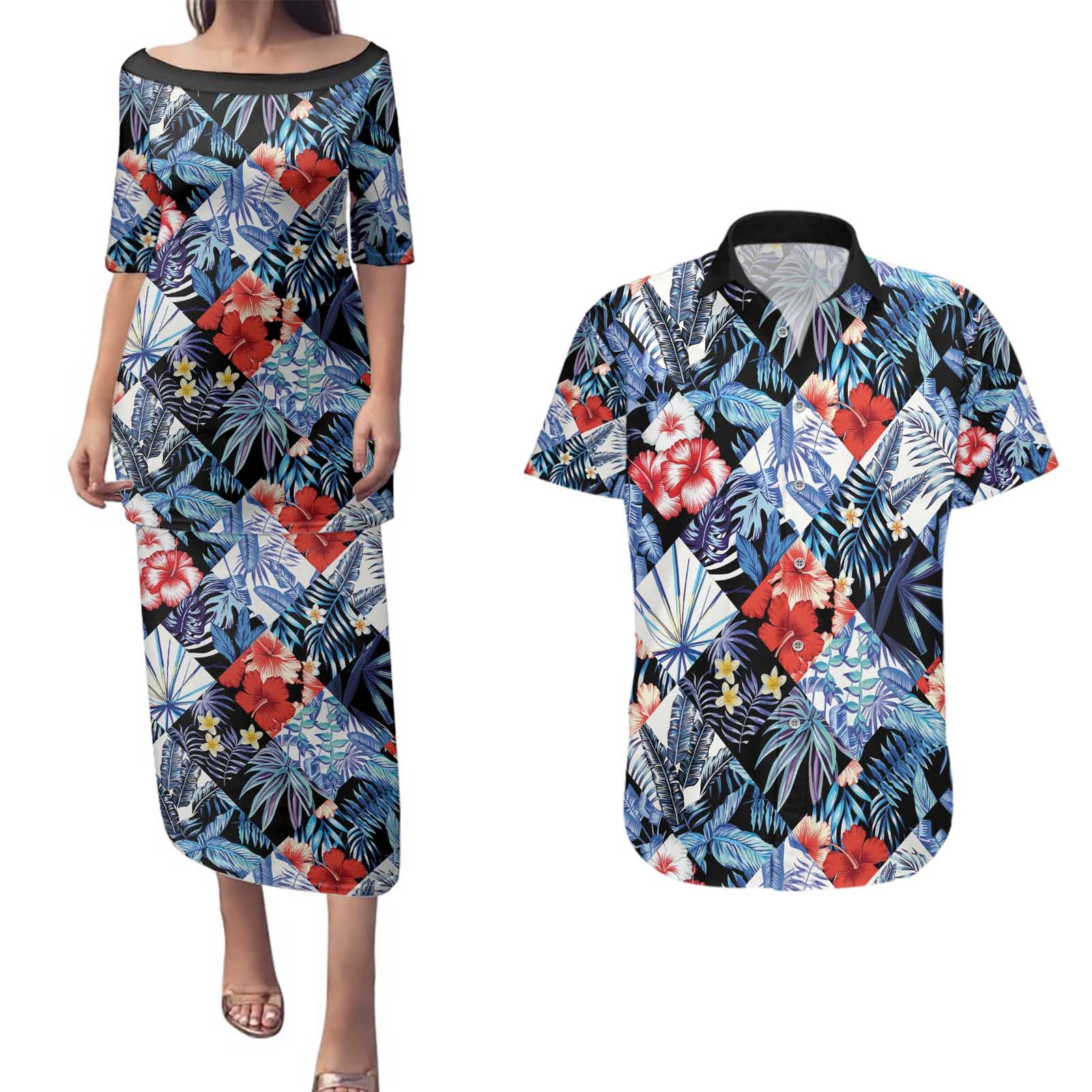 Hawaii Tropicana Blue Pattern Couples Matching Puletasi and Hawaiian Shirt LT01 Blue - Polynesian Pride