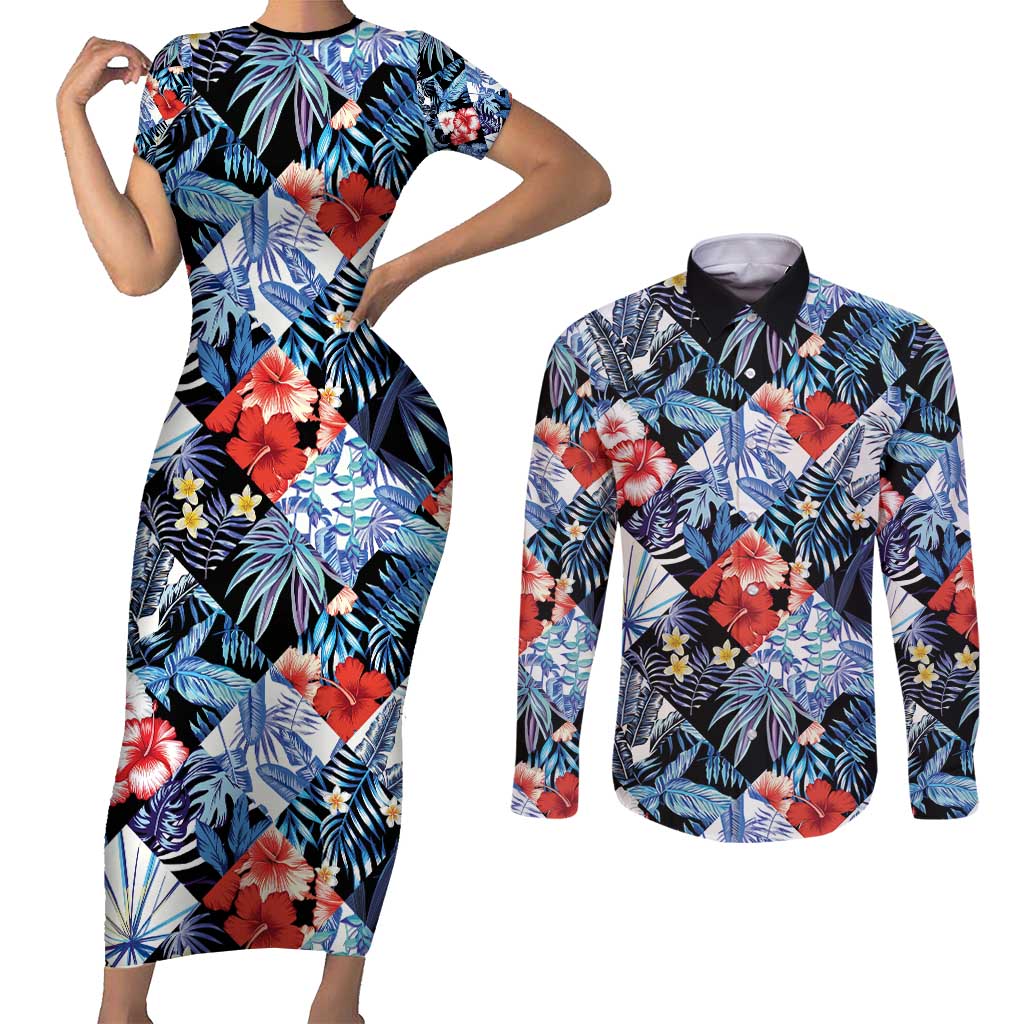 Hawaii Tropicana Blue Pattern Couples Matching Short Sleeve Bodycon Dress and Long Sleeve Button Shirt LT01 Blue - Polynesian Pride