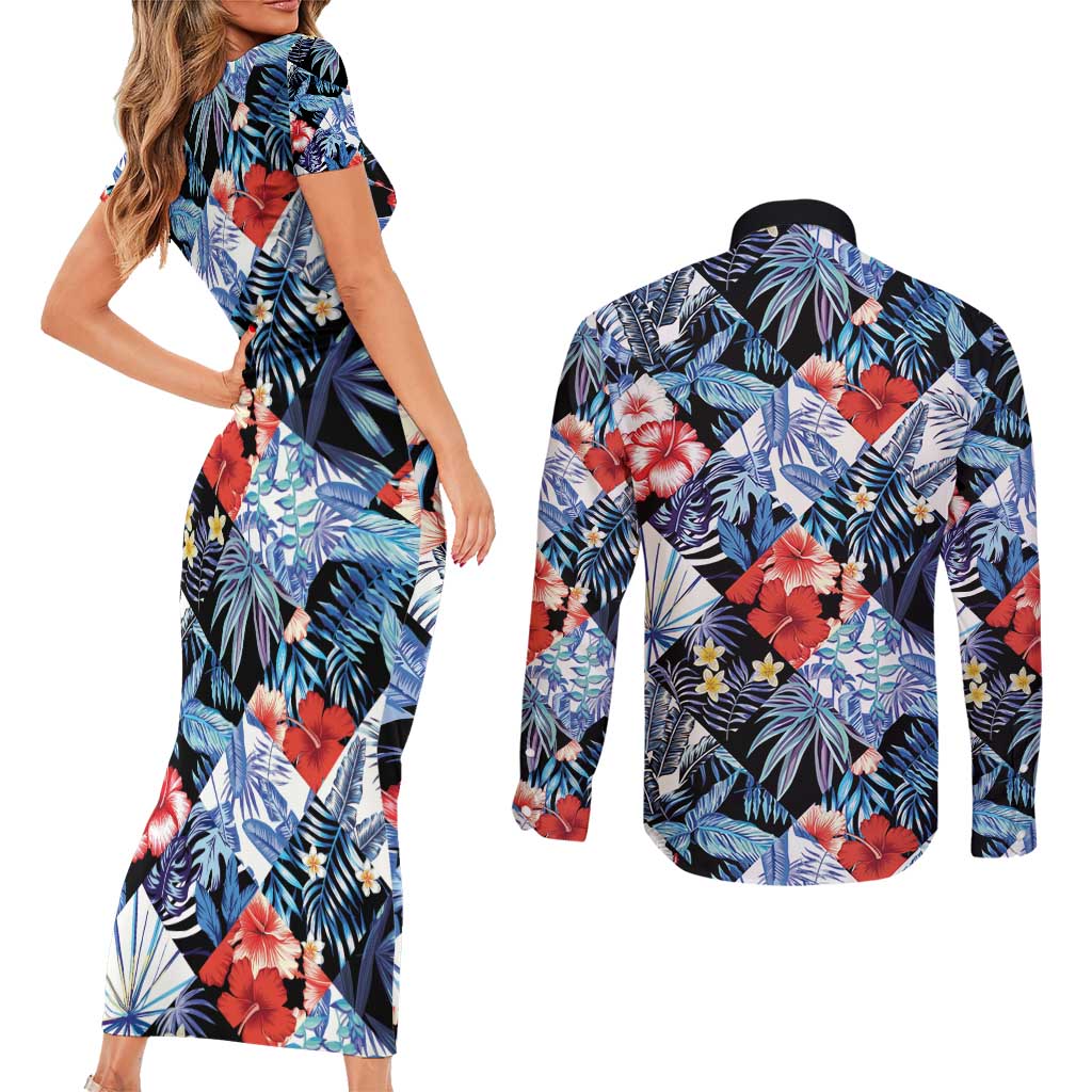 Hawaii Tropicana Blue Pattern Couples Matching Short Sleeve Bodycon Dress and Long Sleeve Button Shirt LT01 - Polynesian Pride