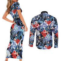Hawaii Tropicana Blue Pattern Couples Matching Short Sleeve Bodycon Dress and Long Sleeve Button Shirt LT01 - Polynesian Pride