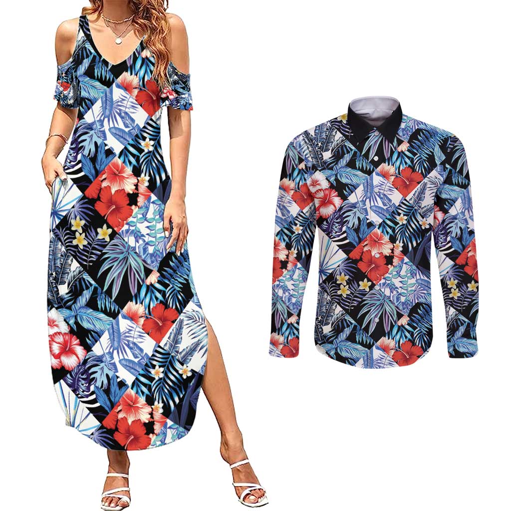 Hawaii Tropicana Blue Pattern Couples Matching Summer Maxi Dress and Long Sleeve Button Shirt LT01 Blue - Polynesian Pride