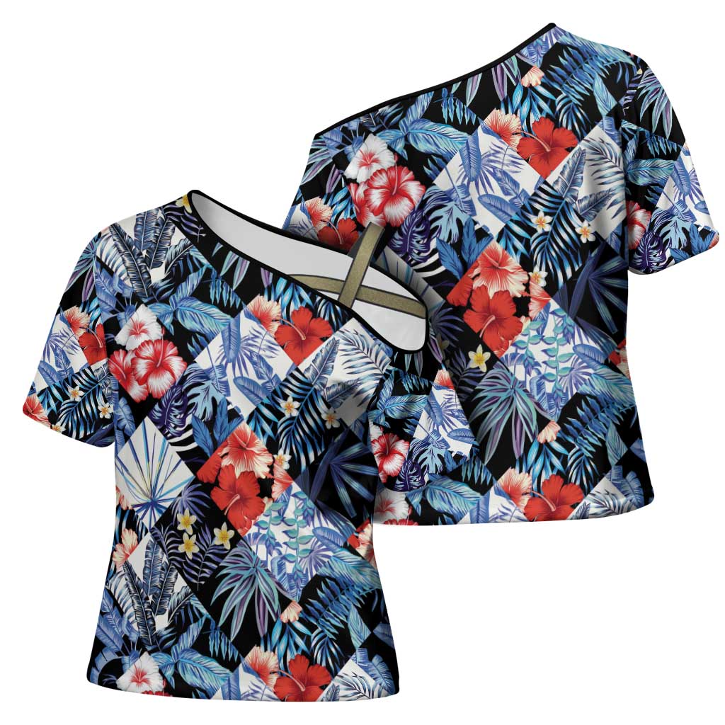 Hawaii Tropicana Blue Pattern Cross Shoulder Shirt - Polynesian Pride