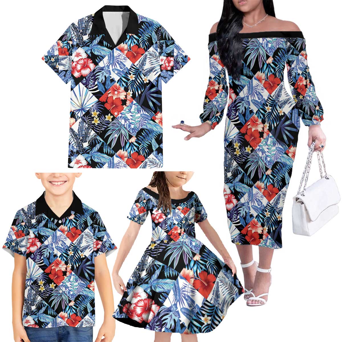 Hawaii Tropicana Blue Pattern Family Matching Off The Shoulder Long Sleeve Dress and Hawaiian Shirt LT01 - Polynesian Pride