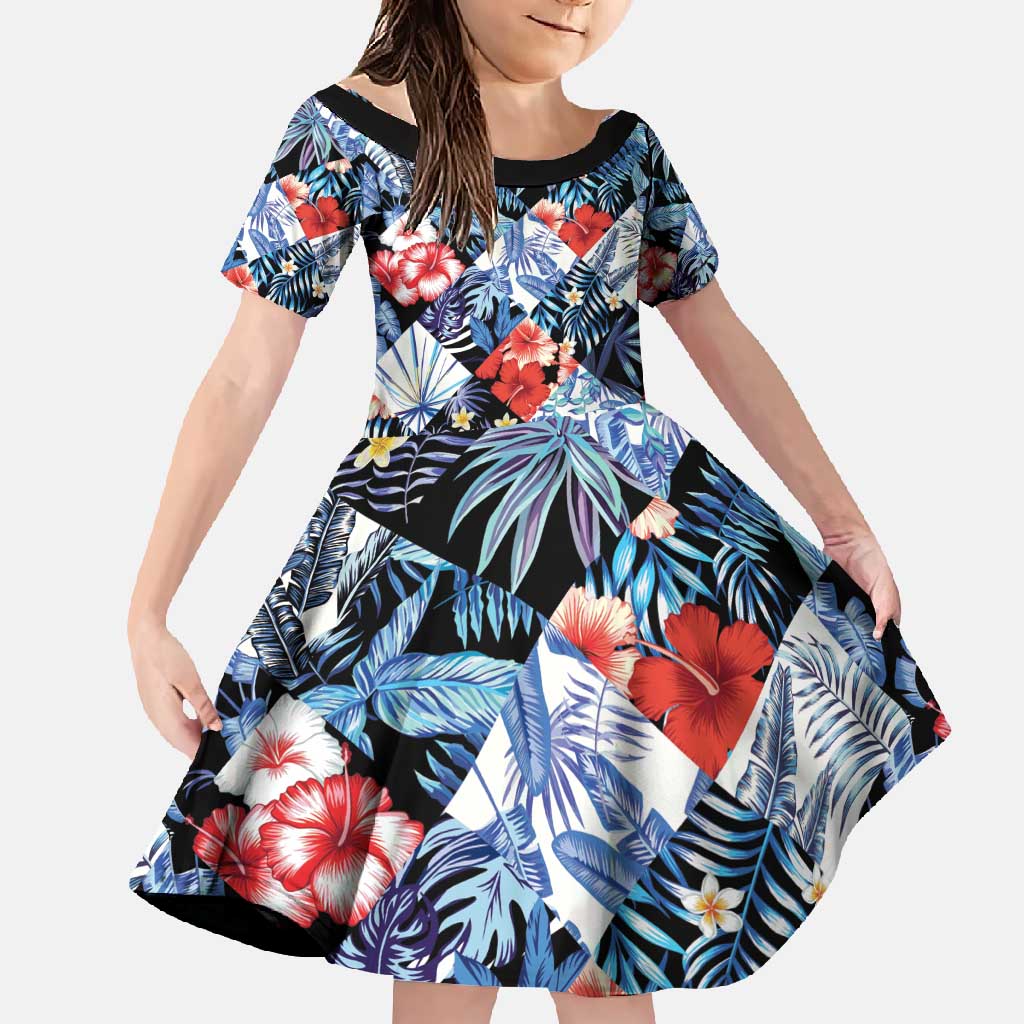 Hawaii Tropicana Blue Pattern Family Matching Off Shoulder Maxi Dress and Hawaiian Shirt - Polynesian Pride
