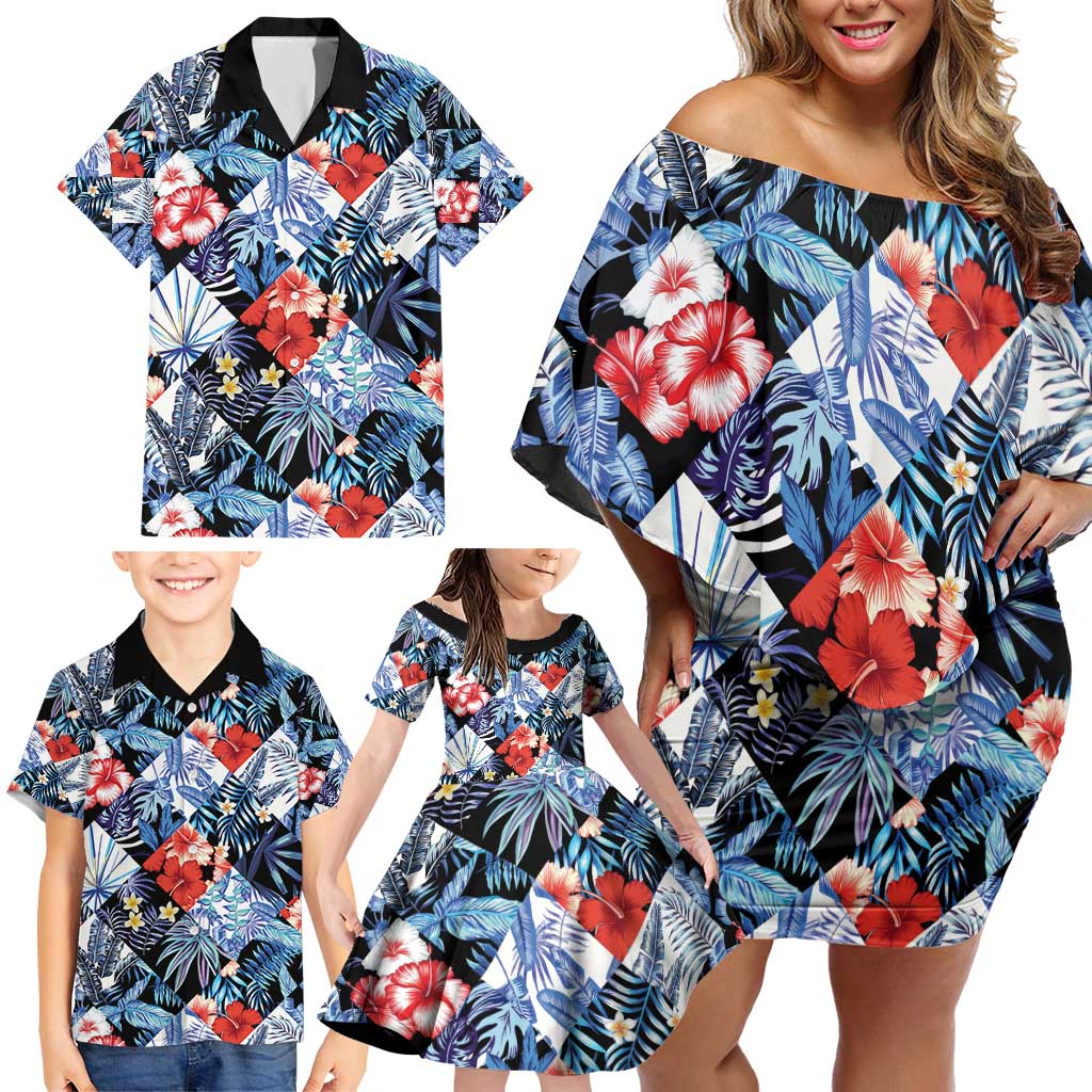 Hawaii Tropicana Blue Pattern Family Matching Off Shoulder Short Dress and Hawaiian Shirt LT01 - Polynesian Pride
