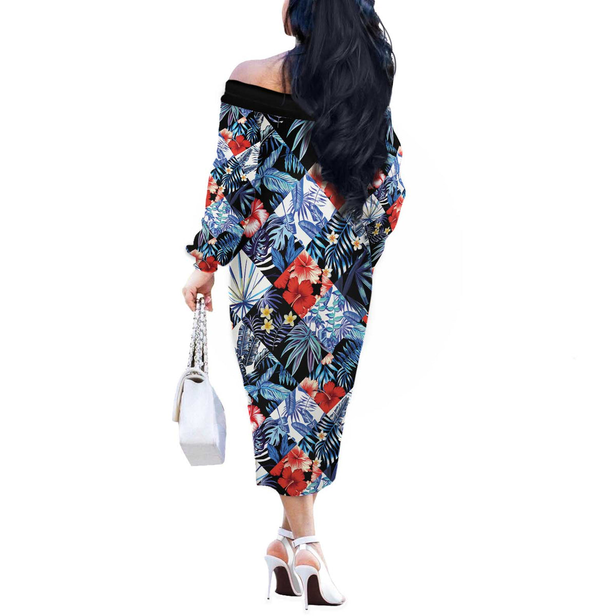 Hawaii Tropicana Blue Pattern Off The Shoulder Long Sleeve Dress - Polynesian Pride