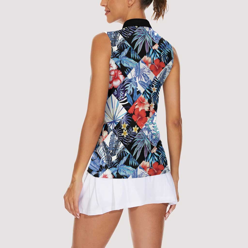 Hawaii Tropicana Blue Pattern Women Sleeveless Polo Shirt - Polynesian Pride