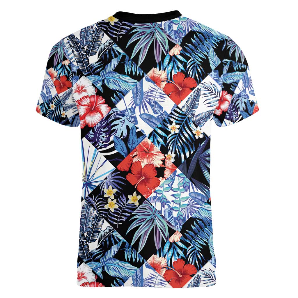 Hawaii Tropicana Blue Pattern Women V-Neck T-Shirt - Polynesian Pride