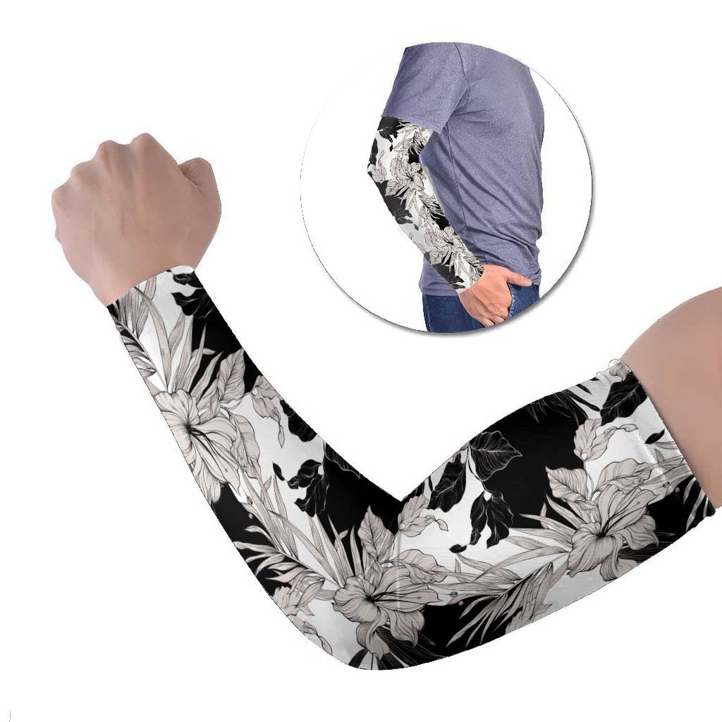 Black White Monotone Tropical Flowers Pattern Arm Sleeves LT01 Set of 2 Black - Polynesian Pride