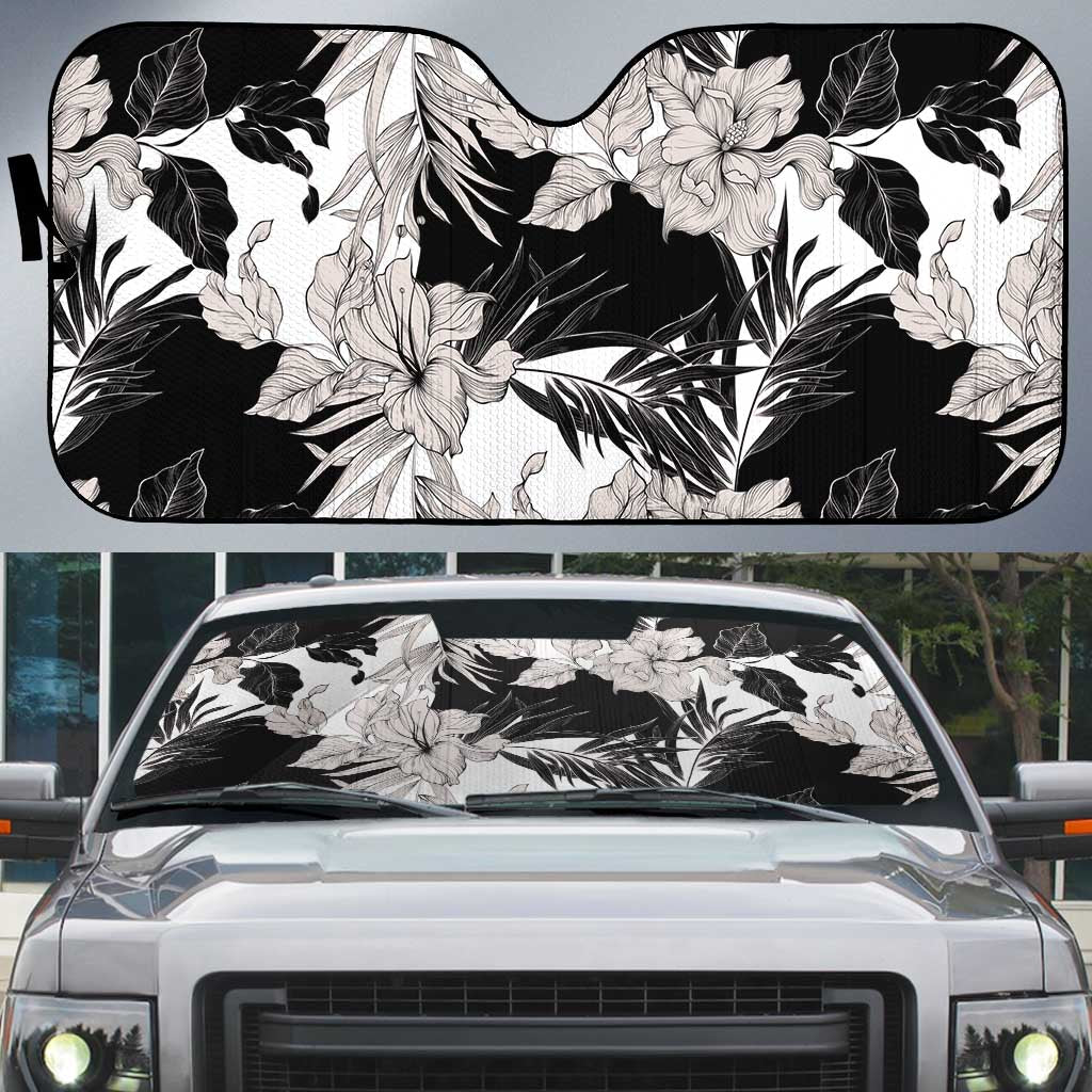 Black White Monotone Tropical Flowers Pattern Auto Sun Shade LT01 Black - Polynesian Pride