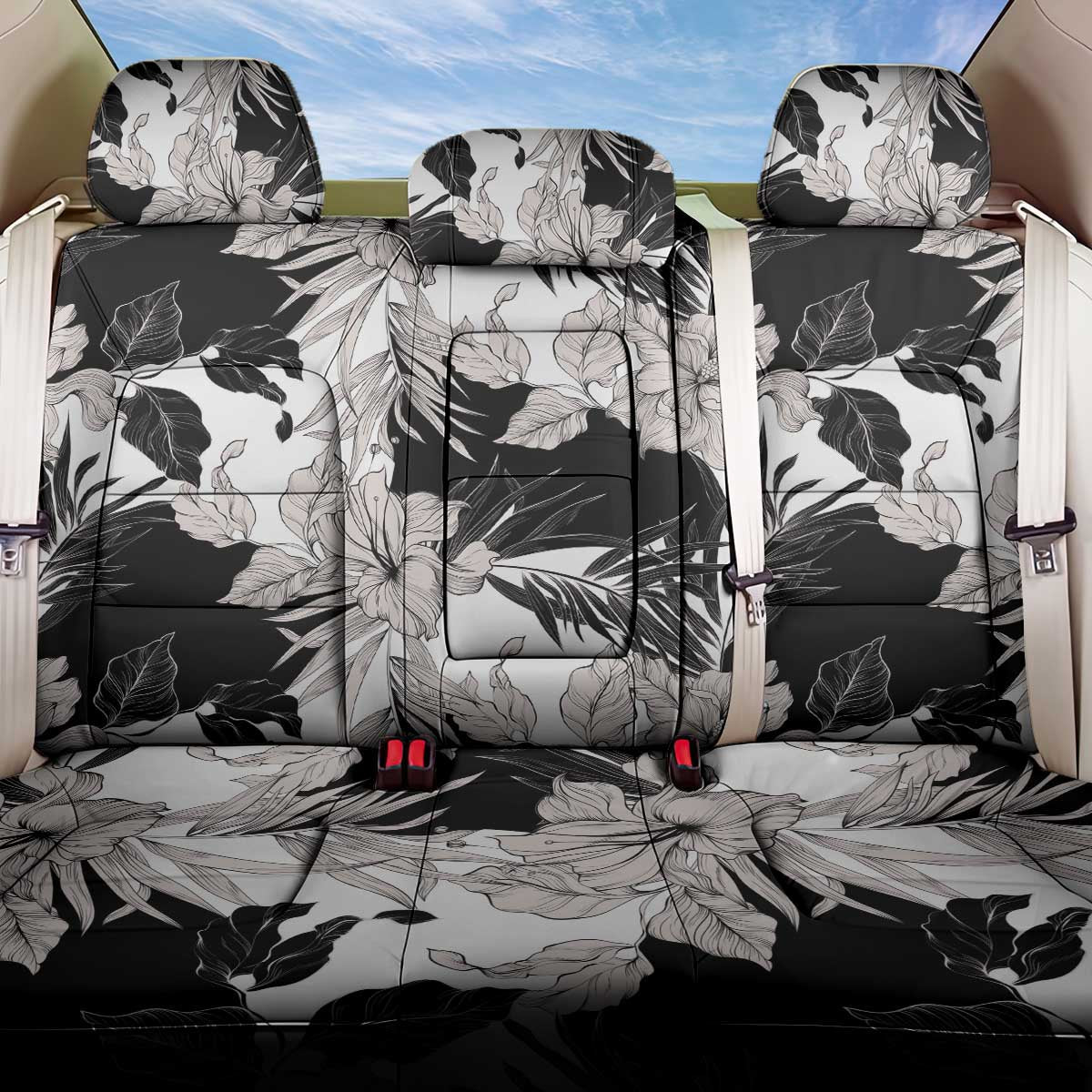 Black White Monotone Tropical Flowers Pattern Back Car Seat Cover LT01 One Size Black - Polynesian Pride