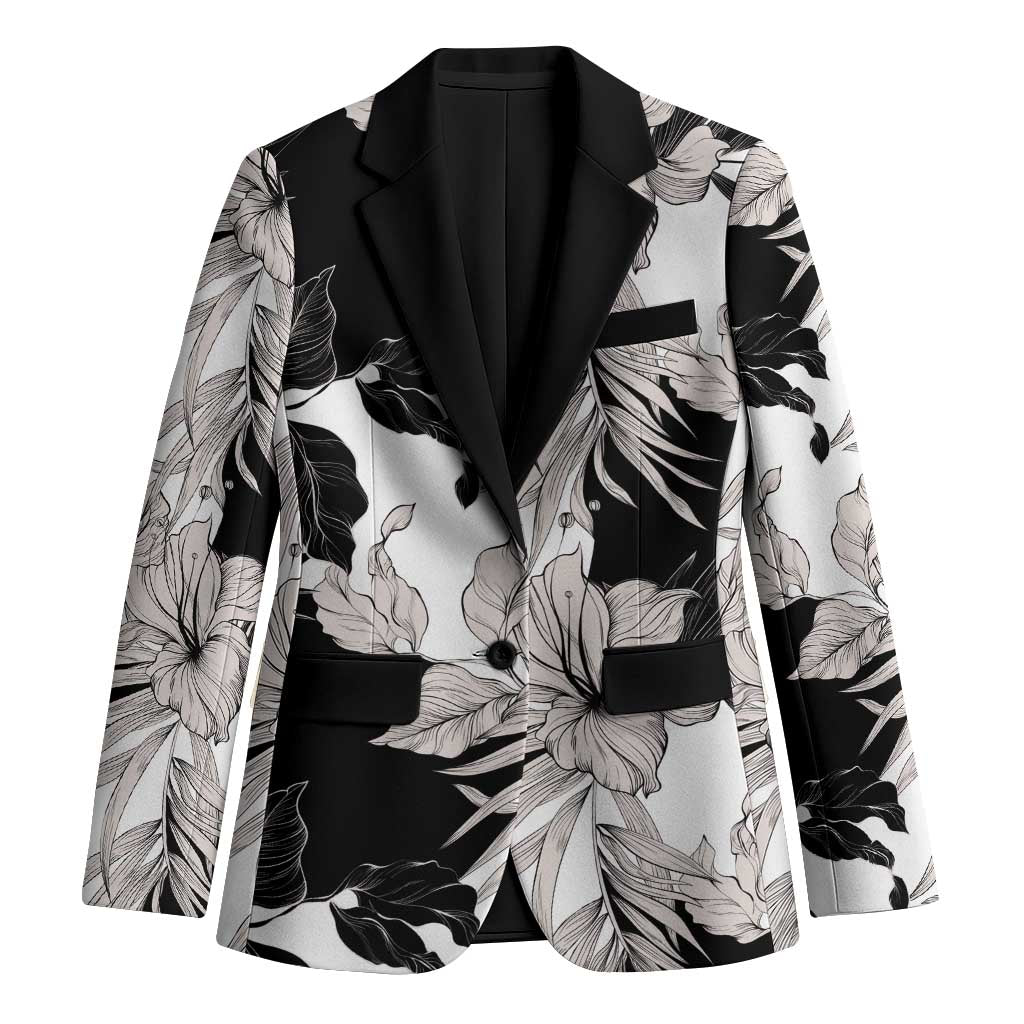 Black White Monotone Tropical Flowers Pattern Blazer - Polynesian Pride