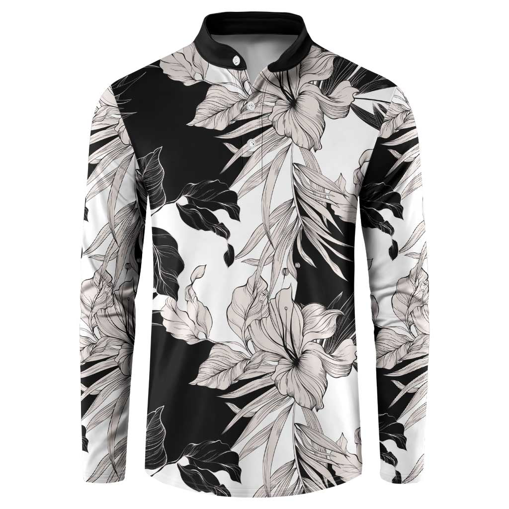 Black White Monotone Tropical Flowers Pattern Button Sweatshirt LT01 Black - Polynesian Pride