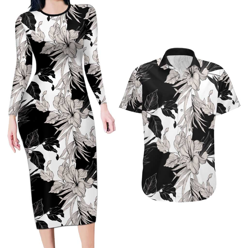 Black White Monotone Tropical Flowers Pattern Couples Matching Long Sleeve Bodycon Dress and Hawaiian Shirt LT01 Black - Polynesian Pride