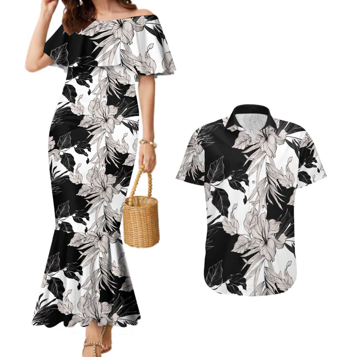 Black White Monotone Tropical Flowers Pattern Couples Matching Mermaid Dress and Hawaiian Shirt LT01 Black - Polynesian Pride