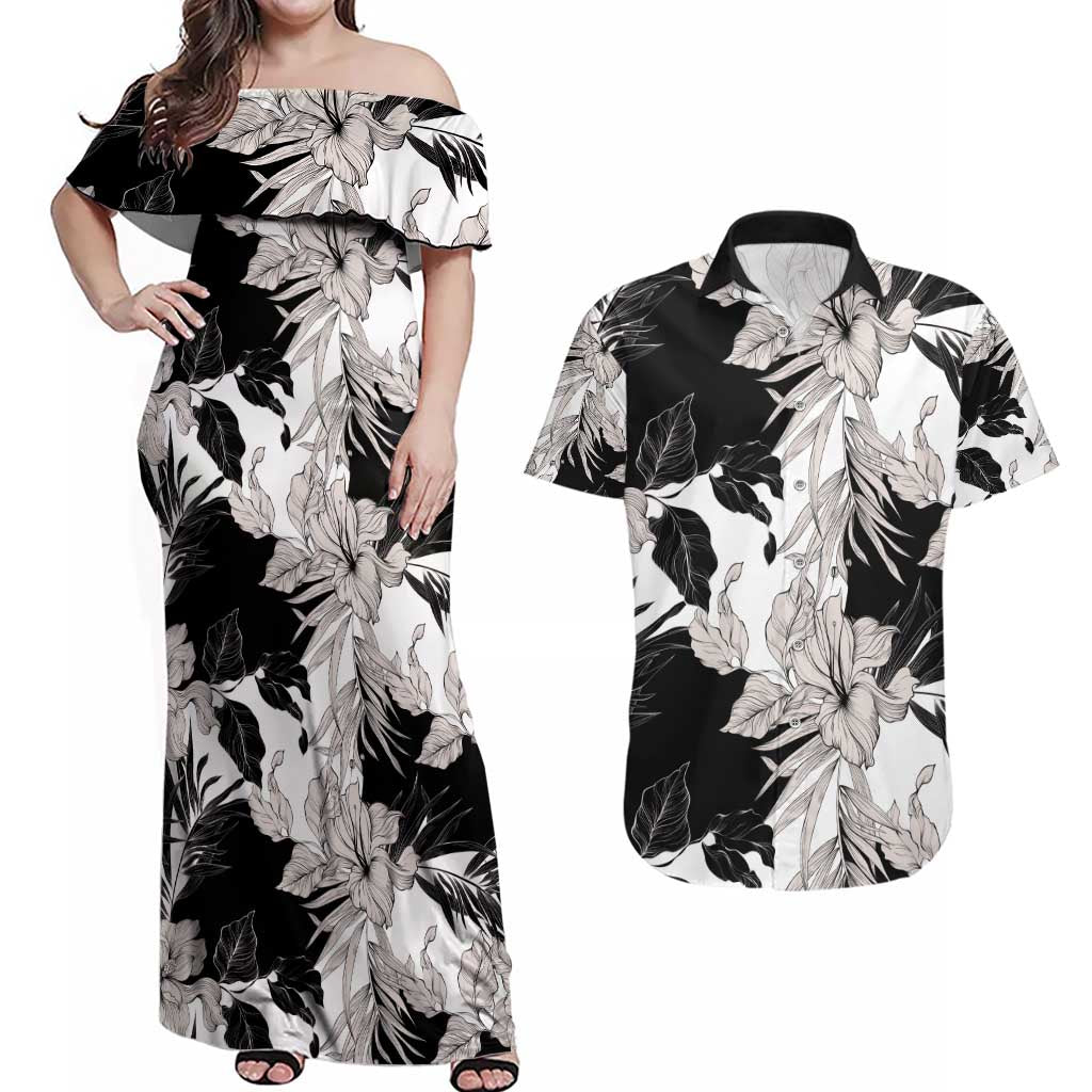 Black White Monotone Tropical Flowers Pattern Couples Matching Off Shoulder Maxi Dress and Hawaiian Shirt LT01 Black - Polynesian Pride