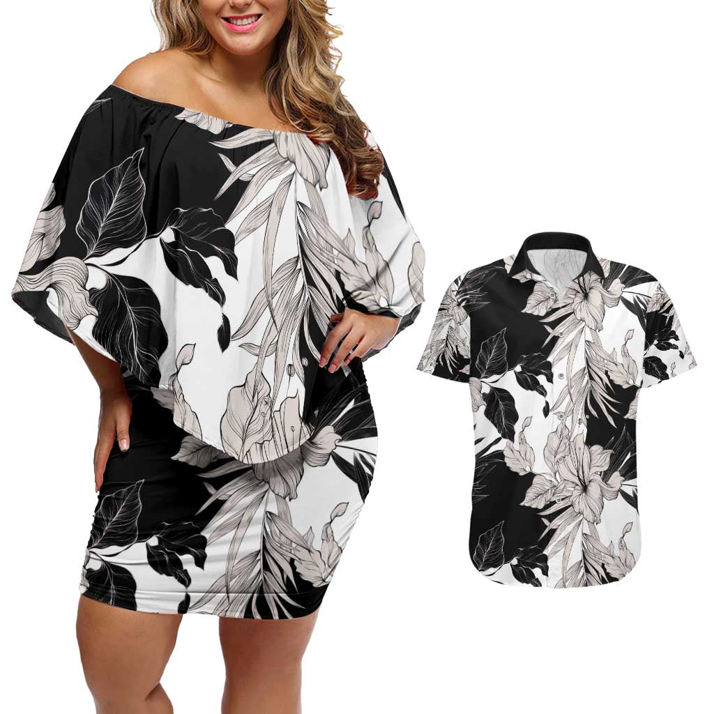 Black White Monotone Tropical Flowers Pattern Couples Matching Off Shoulder Short Dress and Hawaiian Shirt LT01 Black - Polynesian Pride