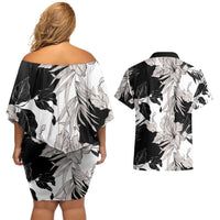 Black White Monotone Tropical Flowers Pattern Couples Matching Off Shoulder Short Dress and Hawaiian Shirt LT01 - Polynesian Pride
