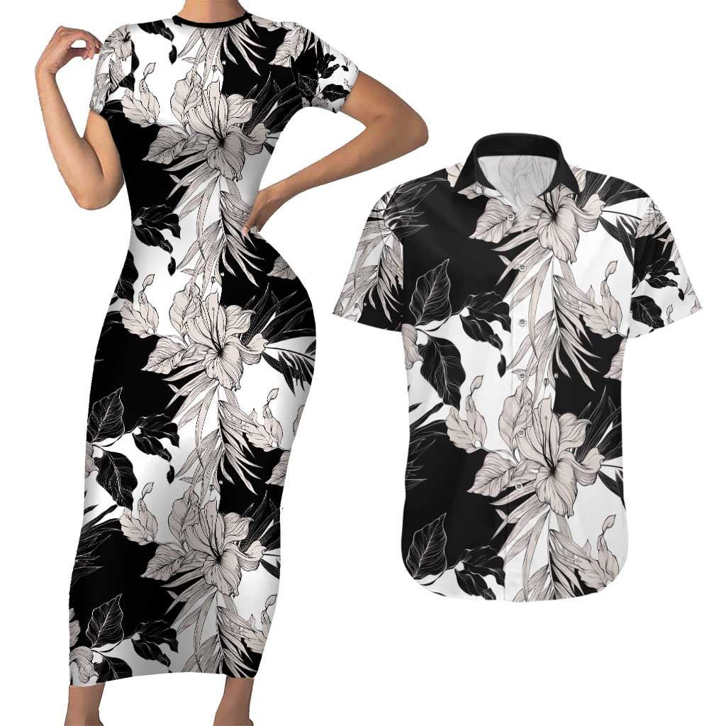 Black White Monotone Tropical Flowers Pattern Couples Matching Short Sleeve Bodycon Dress and Hawaiian Shirt LT01 Black - Polynesian Pride