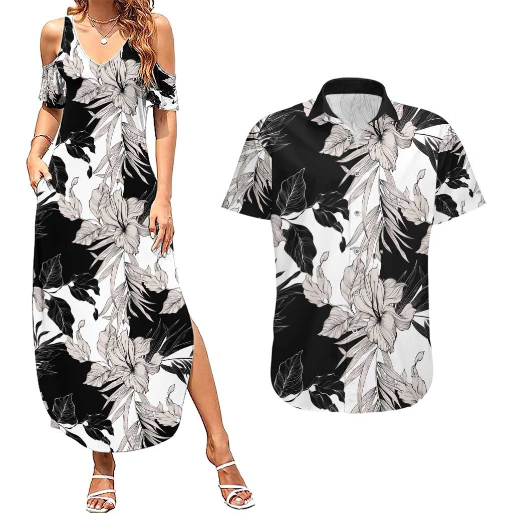 Black White Monotone Tropical Flowers Pattern Couples Matching Summer Maxi Dress and Hawaiian Shirt LT01 Black - Polynesian Pride