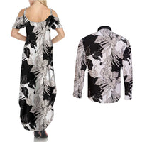 Black White Monotone Tropical Flowers Pattern Couples Matching Summer Maxi Dress and Long Sleeve Button Shirt LT01 - Polynesian Pride