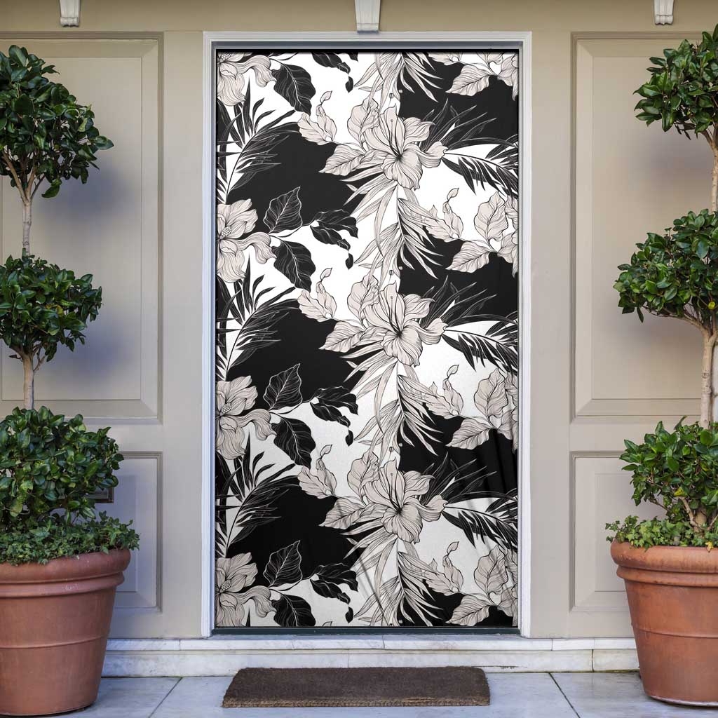 Black White Monotone Tropical Flowers Pattern Door Cover LT01 Black - Polynesian Pride