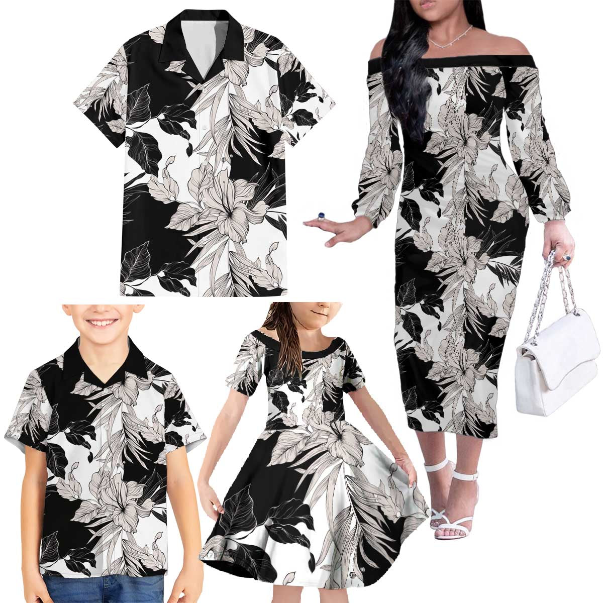 Black White Monotone Tropical Flowers Pattern Family Matching Off The Shoulder Long Sleeve Dress and Hawaiian Shirt LT01 - Polynesian Pride