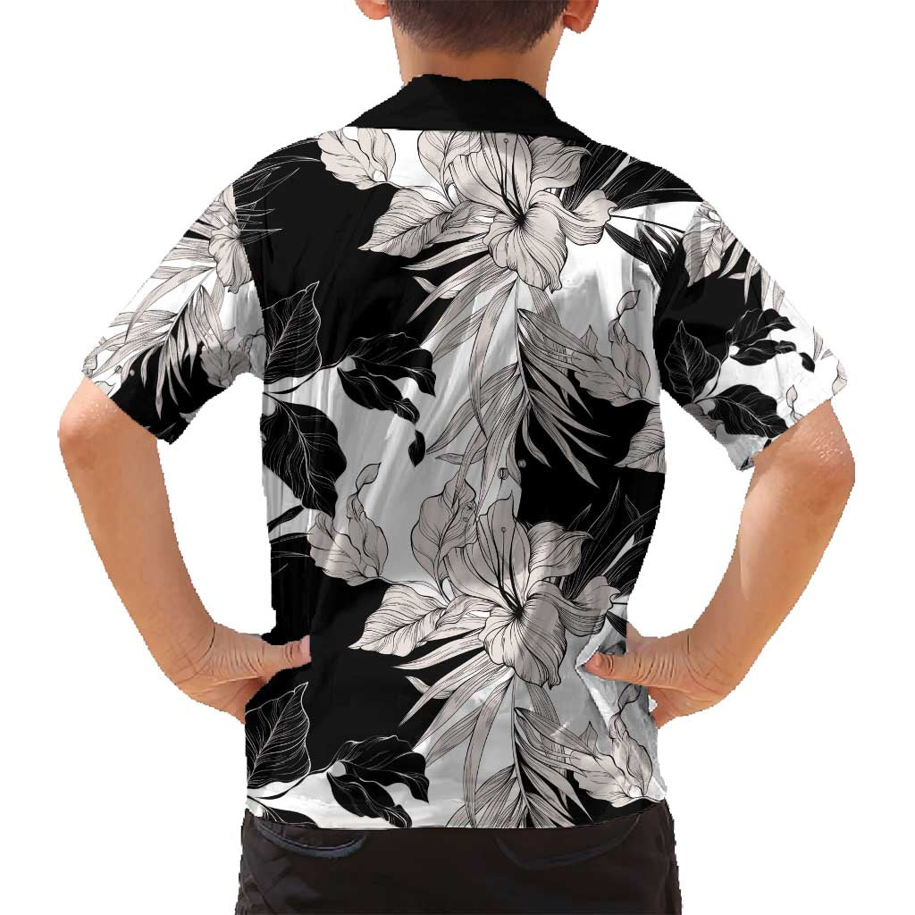 Black White Monotone Tropical Flowers Pattern Family Matching Off Shoulder Maxi Dress and Hawaiian Shirt - Polynesian Pride