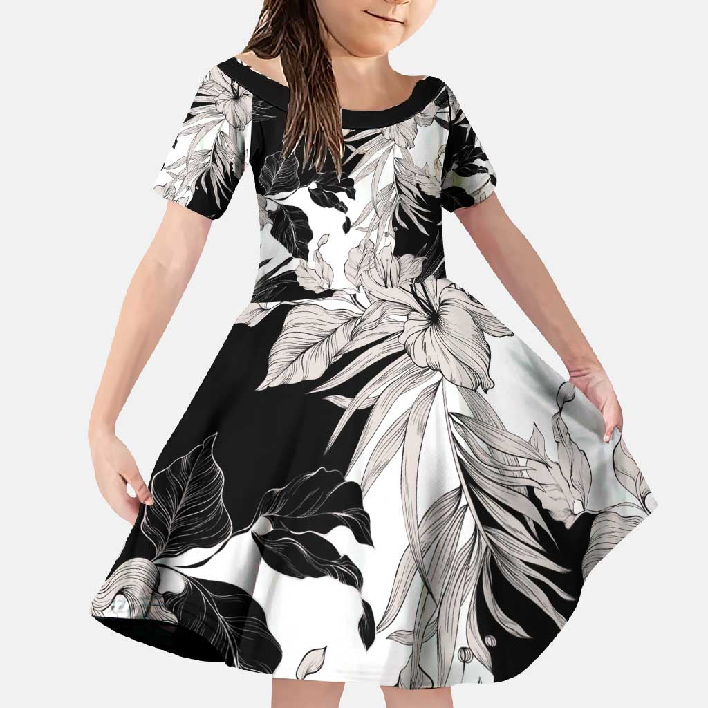 Black White Monotone Tropical Flowers Pattern Family Matching Off Shoulder Maxi Dress and Hawaiian Shirt - Polynesian Pride