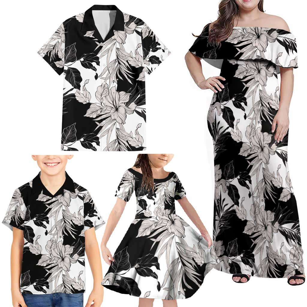 Black White Monotone Tropical Flowers Pattern Family Matching Off Shoulder Maxi Dress and Hawaiian Shirt LT01 - Polynesian Pride