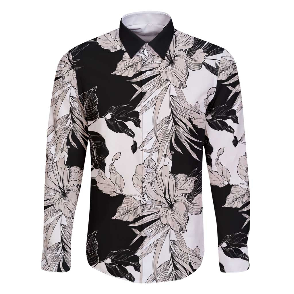 Black White Monotone Tropical Flowers Pattern Family Matching Off Shoulder Maxi Dress and Hawaiian Shirt - Polynesian Pride