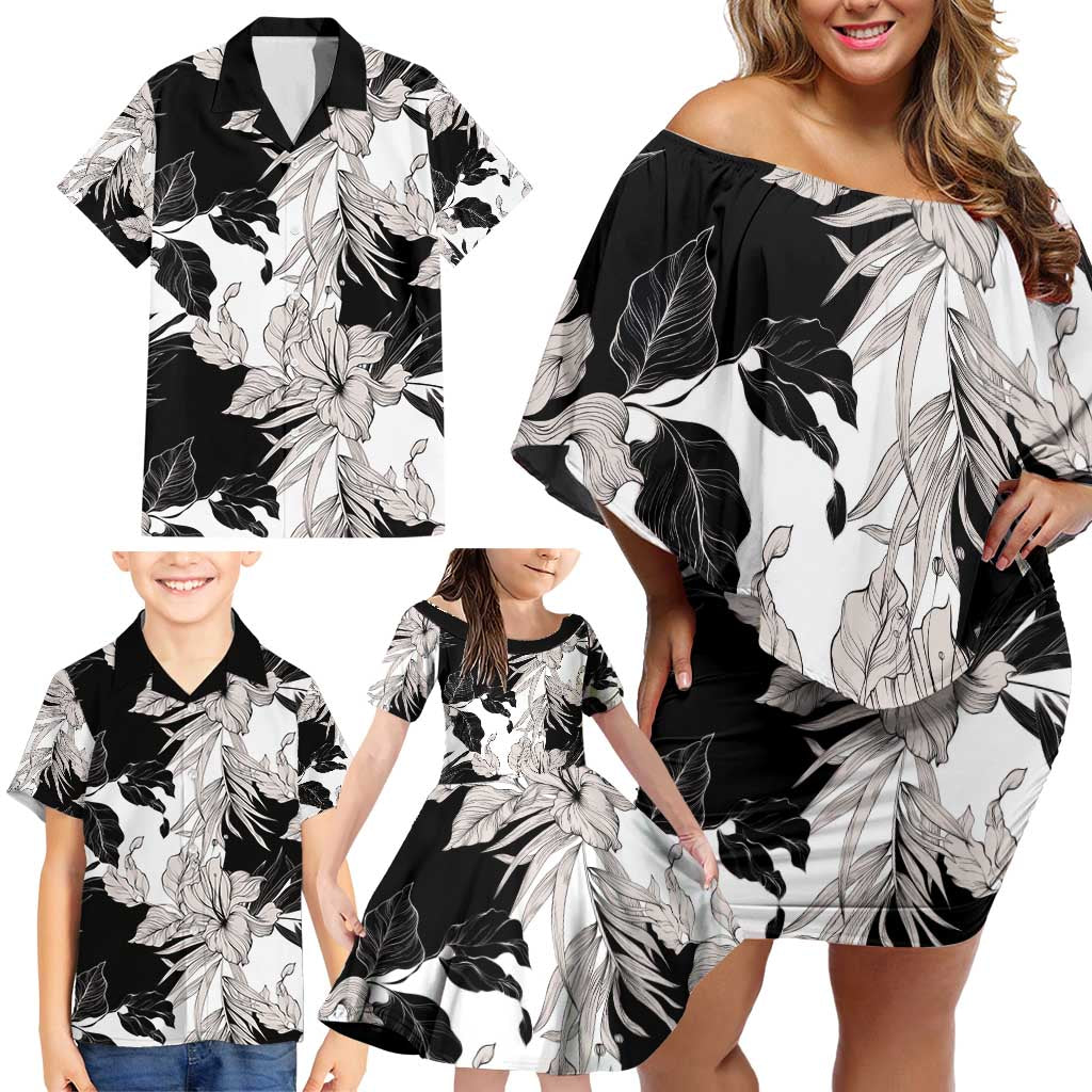 Black White Monotone Tropical Flowers Pattern Family Matching Off Shoulder Short Dress and Hawaiian Shirt LT01 - Polynesian Pride