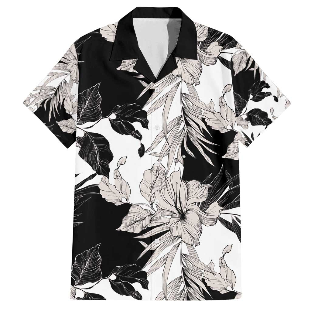 Black White Monotone Tropical Flowers Pattern Family Matching Off Shoulder Short Dress and Hawaiian Shirt - Polynesian Pride